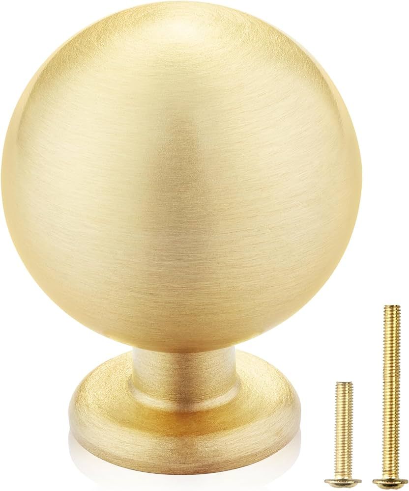 QOGRISUN 10-Pack Solid Brass Cabinet Knobs, Round Ball Gold Knobs for Dresser Drawer, 1.1-Inch Di... | Amazon (US)