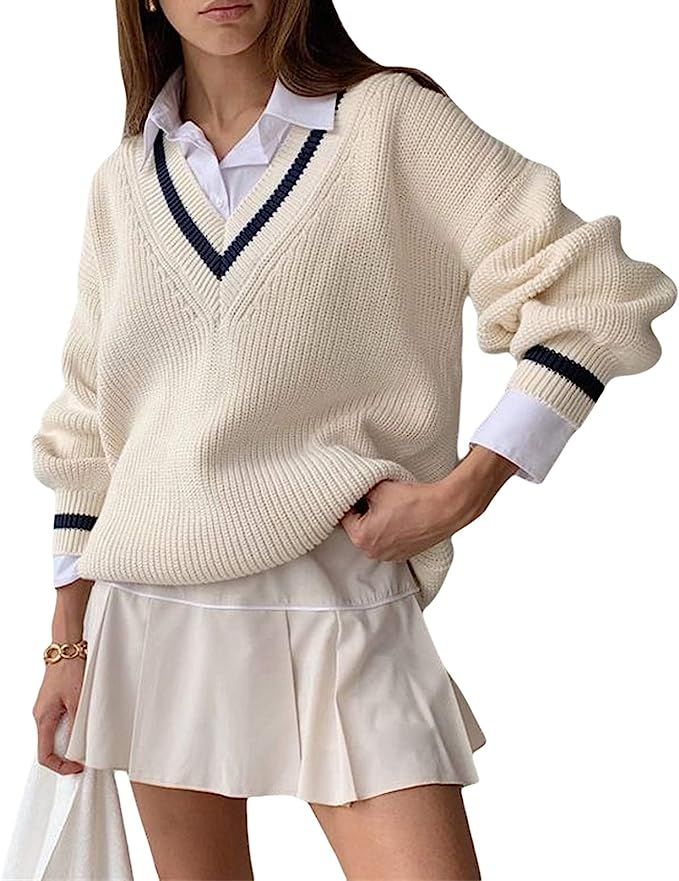 Meihuida Women Y2k Sweater Argyle Sweater Pullover Long Sleeve Flower Button Knitted Cropped Card... | Amazon (US)