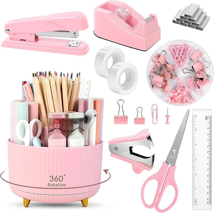 SKYDUE Pink Desk Accessories 10Pcs, 360-Degree Rotating Pen Holder, Stapler, Staple Remover, Tape... | Amazon (CA)