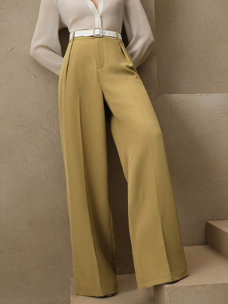 Anewsta Solid Color Straight Leg Elegant High Waist Trousers, Suitable For Vacations And New Year's Outfits | SHEIN