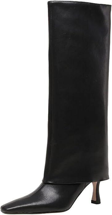 Goolita Women's Stiletto Heel Knee High Boots Square Toe Slip On Fold Over Boots For Women Leathe... | Amazon (US)