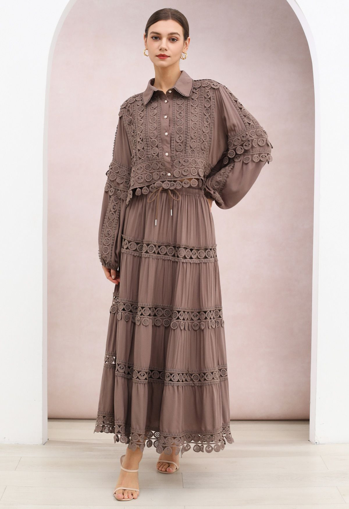 Disc Cutwork Lace Buttoned Top and Tiered Maxi Skirt Set in Taupe for Afternoon Tea & Resort Dinn... | Chicwish