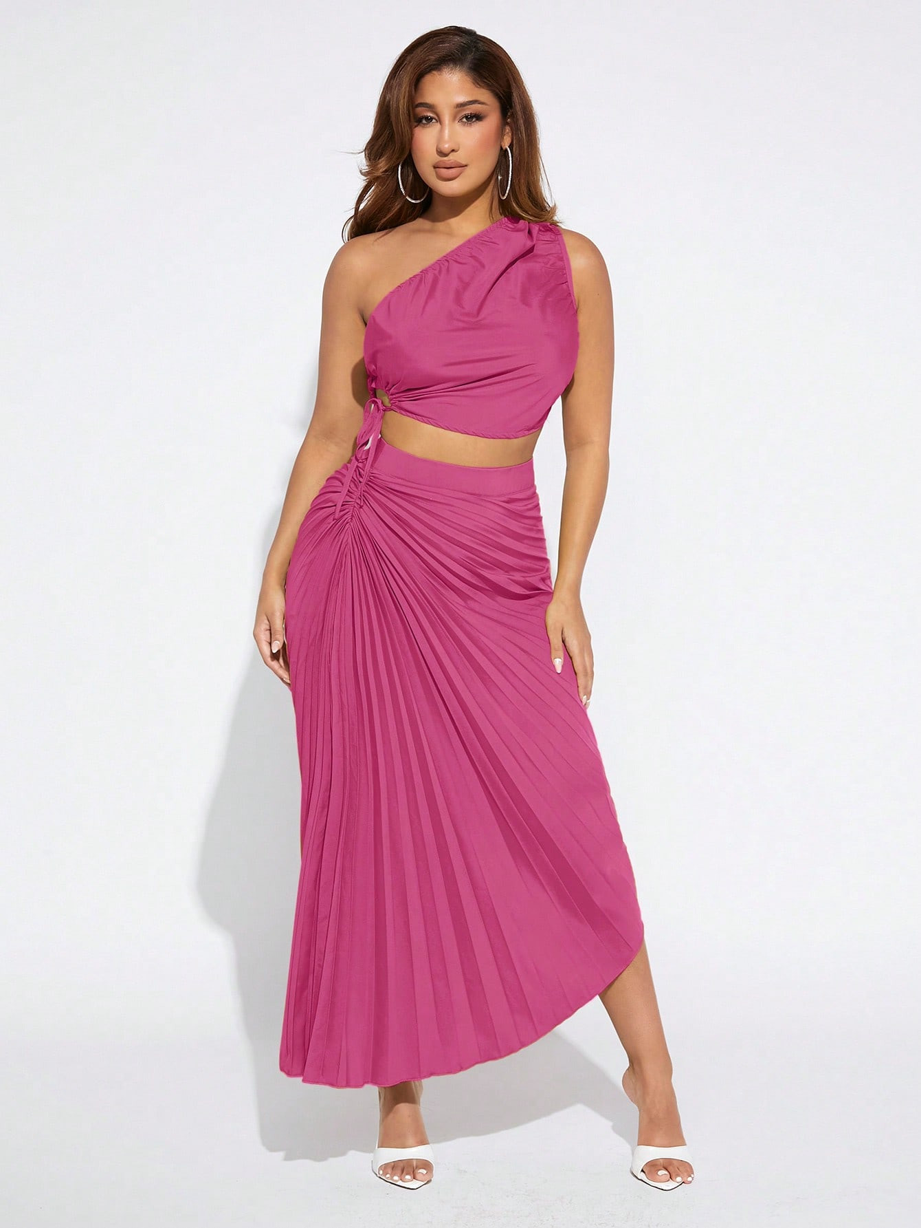 SHEIN SXY One Shoulder Drawstring Crop Top & Pleated Skirt | SHEIN