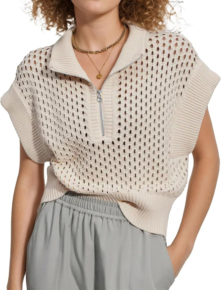 Oversized Hollow Knit Sweater Vest for Women Casual Half-Zip Cap Sleeve Crochet Knit Tank Tops | Amazon (US)
