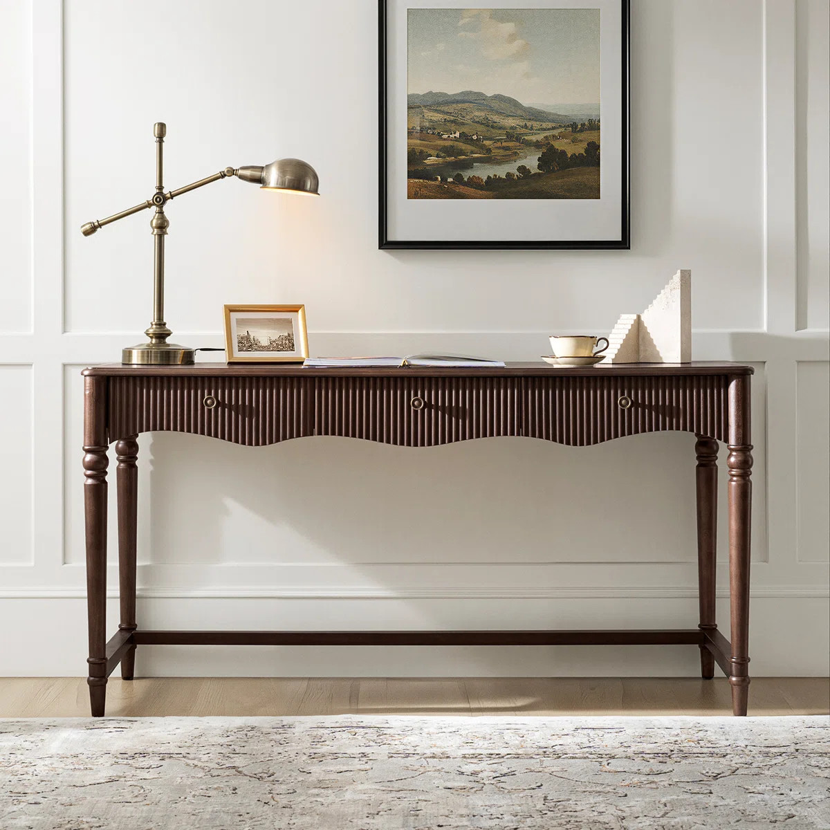 Martha Adelaide 60''W Traditional 3 Drawers Fluted Simple Assembly Desk with Power Outlets | Wayfair North America