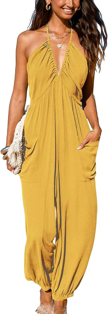 CUPSHE Women's Plunge Halter Sleeveless Pleated Long Romper Knit Jogger Maxi Jumpsuit with Pocket... | Amazon (US)