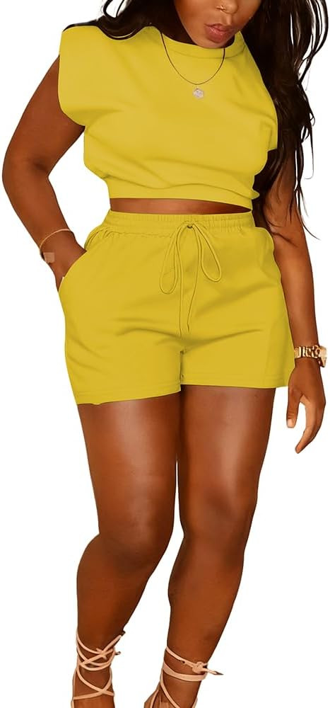 Ulovmi Women 2 Piece Outfits Short Summer Lounge Sets Sweatsuits with Cap Sleeve Drawstring | Amazon (US)