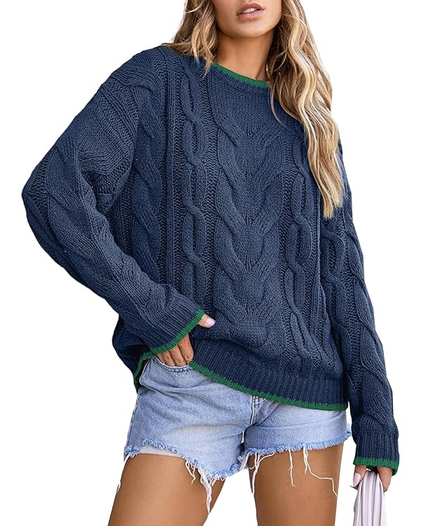EVALESS Sweaters for Women Trendy Crewneck Long Sleeve Color Block Sweater Tops Fall 2025 Chunky ... | Amazon (US)