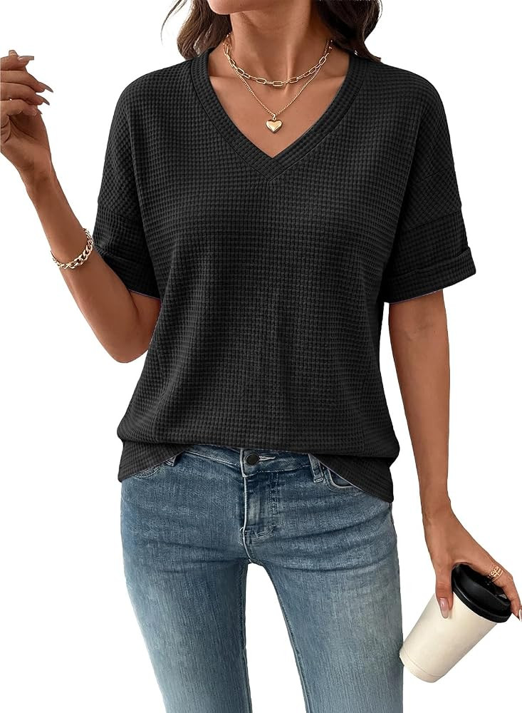 SHEWIN Womens Waffle Knit Tops V Neck Short Sleeve T Shirt Hollow Out Casual Trendy Blouses | Amazon (US)