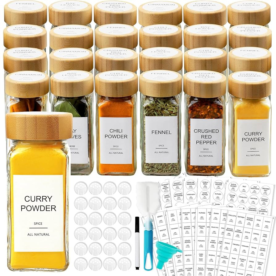 AISIPRIN Glass Spice Jars with 398 Labels, 24 pcs 4oz Spice Containers with Bamboo Lids, Square S... | Amazon (US)