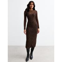 New Look Brown Leopard Long Sleeve Midi Dress - Print | Very (UK)