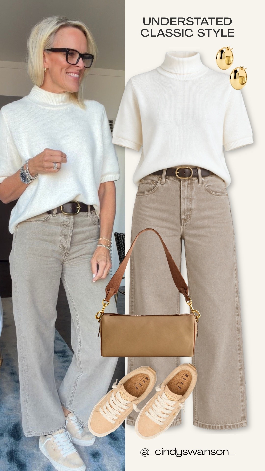 An ivory short-sleeve mockneck sweater paired with taupe wide-leg jeans is such an easy way to create a polished neutral outfit. I love how the tonal colors keep everything classic, while the neutral sneakers make it comfortable for everyday errands, lunch, or a casual weekend.