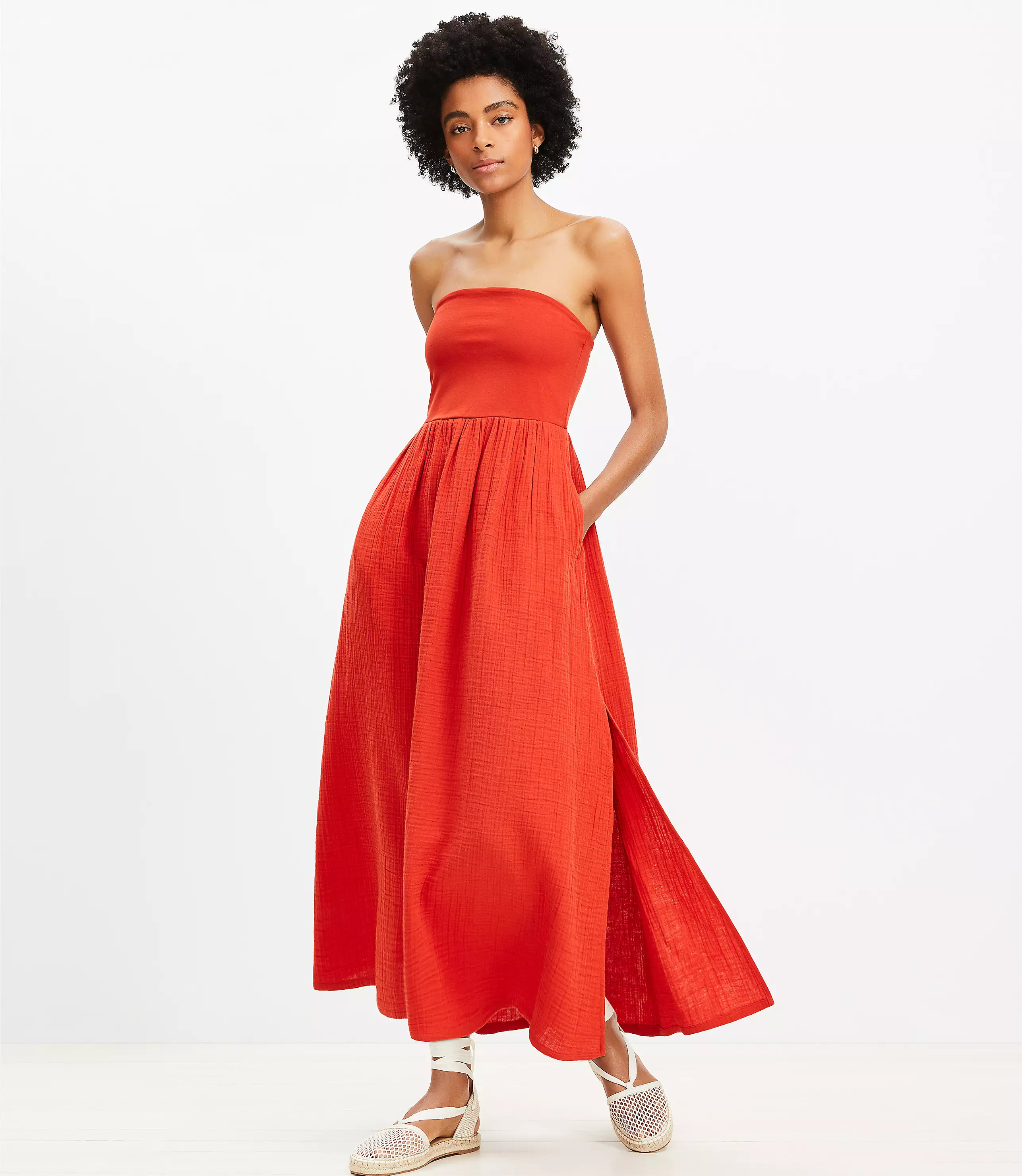 LOFT Beach Strapless Mixed Media Pocket Maxi Dress | LOFT