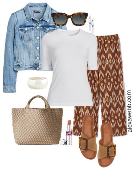 Plus Size Ikat Pants Outfits 2 - A plus size casual outfit for spring and summer with Ikat printed pants and a white tee. Top with a denim jacket as needed. Flat sandals complete the look. Alexa Webb 

#LTKSeasonal #LTKplussize #LTKstyletip