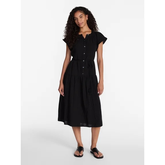 Time and Tru Women's and Women's Plus Double Cloth Midi Dress, Sizes XS-4X | Walmart (US)