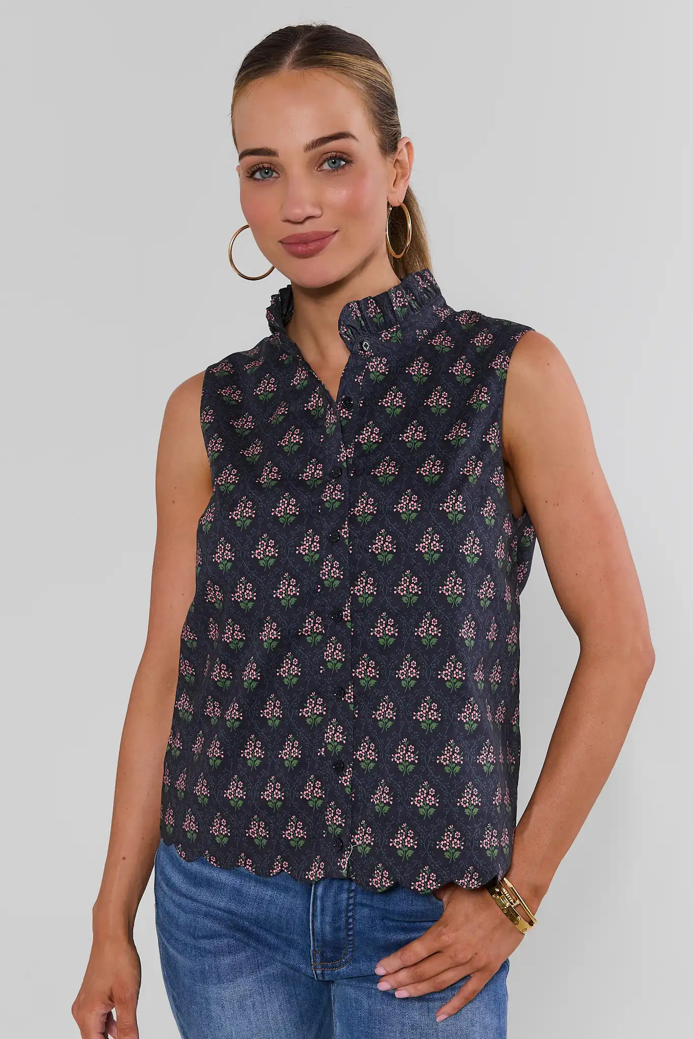Navy Floral Printed Stand Collar Tank Top | Avara