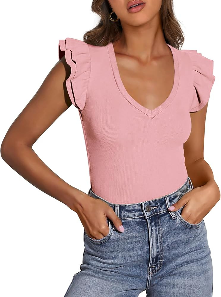 PRETTYGARDEN Womens V Neck Summer Tops Ruffle Sleeveless Slim Fit T Shirts Going Out Casual Blous... | Amazon (US)