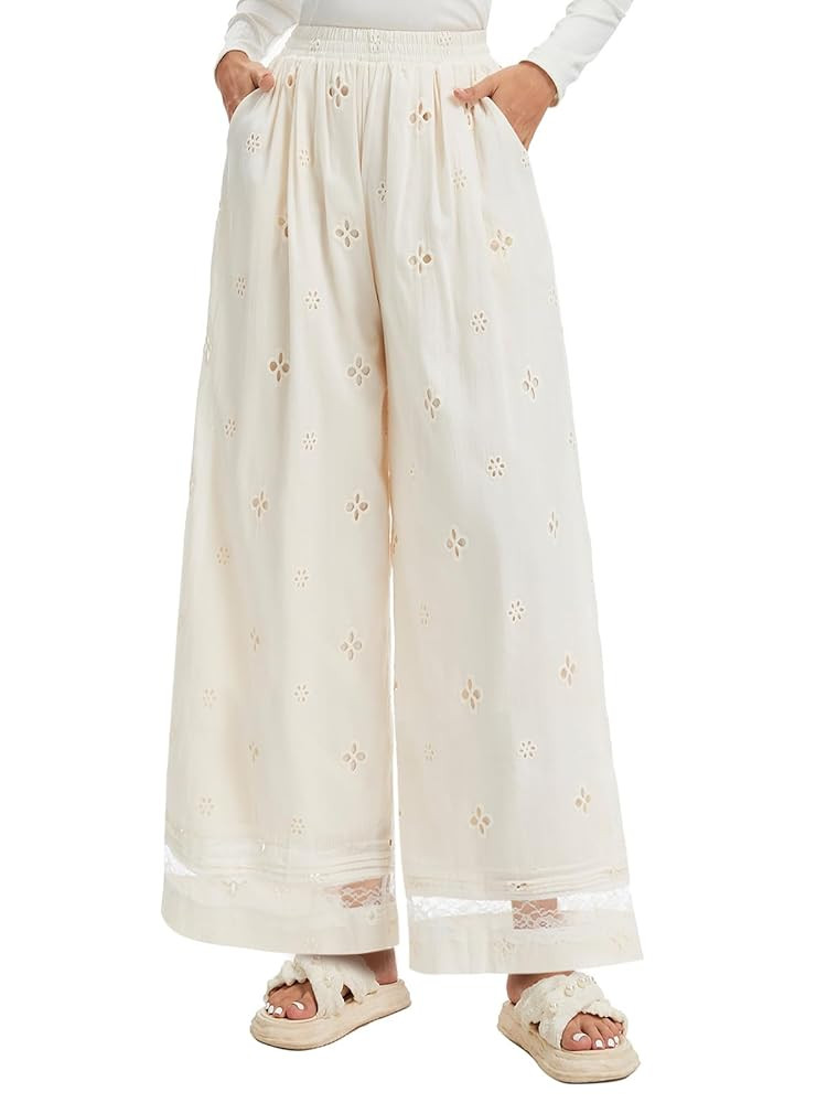 Women's Wide Leg Cotton Palazzo Pants with Eyelet Embroidery Elastic Waist Lace Trim | Amazon (US)