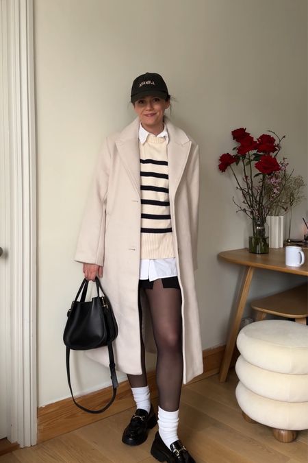 Pinterest outfit 🤍 white coat, loafers, black mini skirt, striped jumper, white shirt, tights 