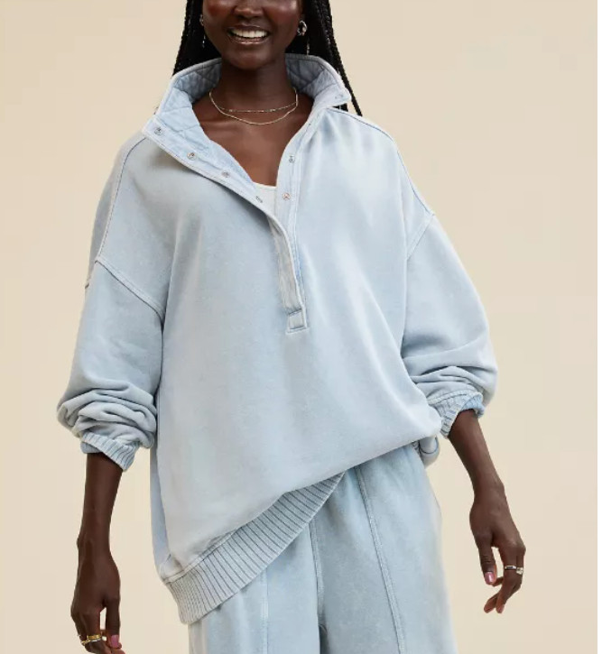 OMG this!! It's so soft, so cute and so perfectly oversized. I love that it gives Chambray feels but is actually sweatshirt! 

 #LTKcanada #LTKsale