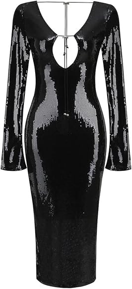 meilun Deep V Dress with Drawstring Long Sleeve Sequin Dress for Women Long Gown | Amazon (US)