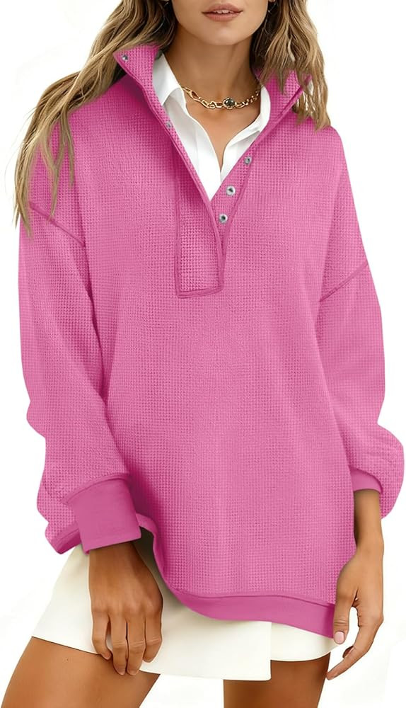 Fisoew Womens Waffle Knit Oversized Sweatshirt Casual Snap Stand Collar Long Sleeve Pullover Tops... | Amazon (US)