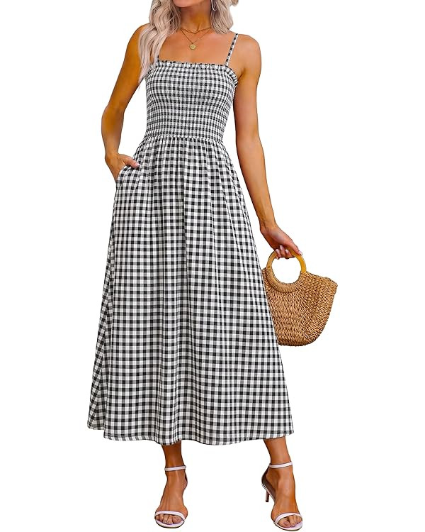 OFEEFAN Womens Spaghetti Strap Maxi Dresses Smocked with Pockets 2026 Summer Spring Casual Boho B... | Amazon (US)