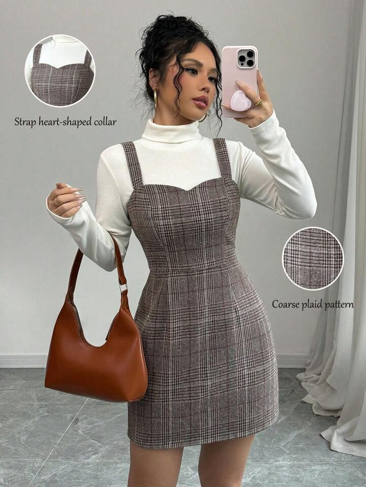 SHEIN Raffinéa Elegant Women's Dual Color Plaid Retro Overall Short Dress, Heart Neckline, Suita... | SHEIN