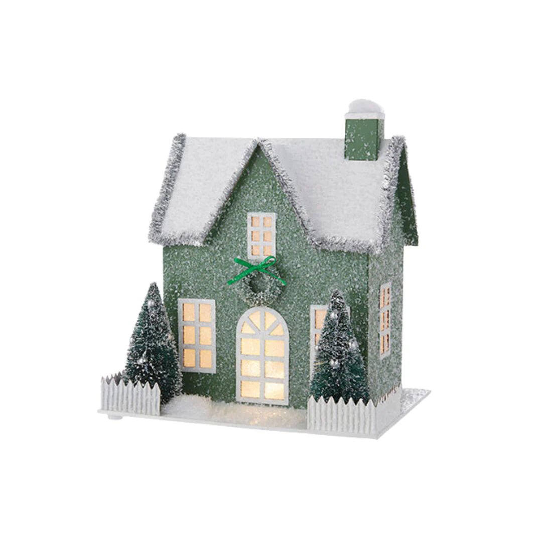 9.25" Green Lighted Paper House | Pink Antlers