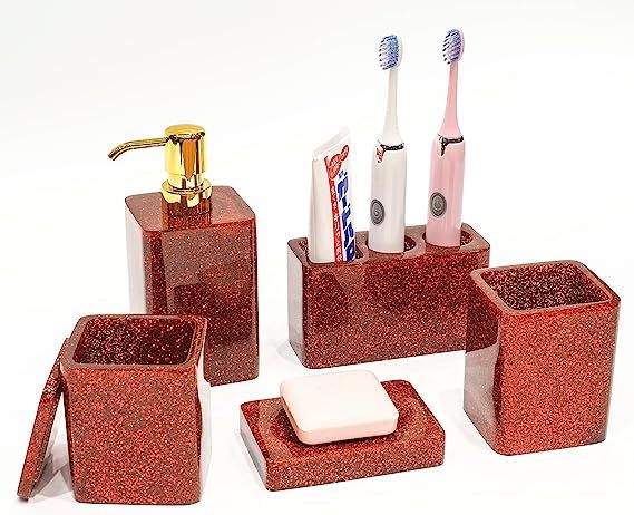 Suanti Bathroom Accessory Set Complete 5Pcs Red Bath Decro Set Sink Accessories With Lotion Dispe... | Amazon (US)