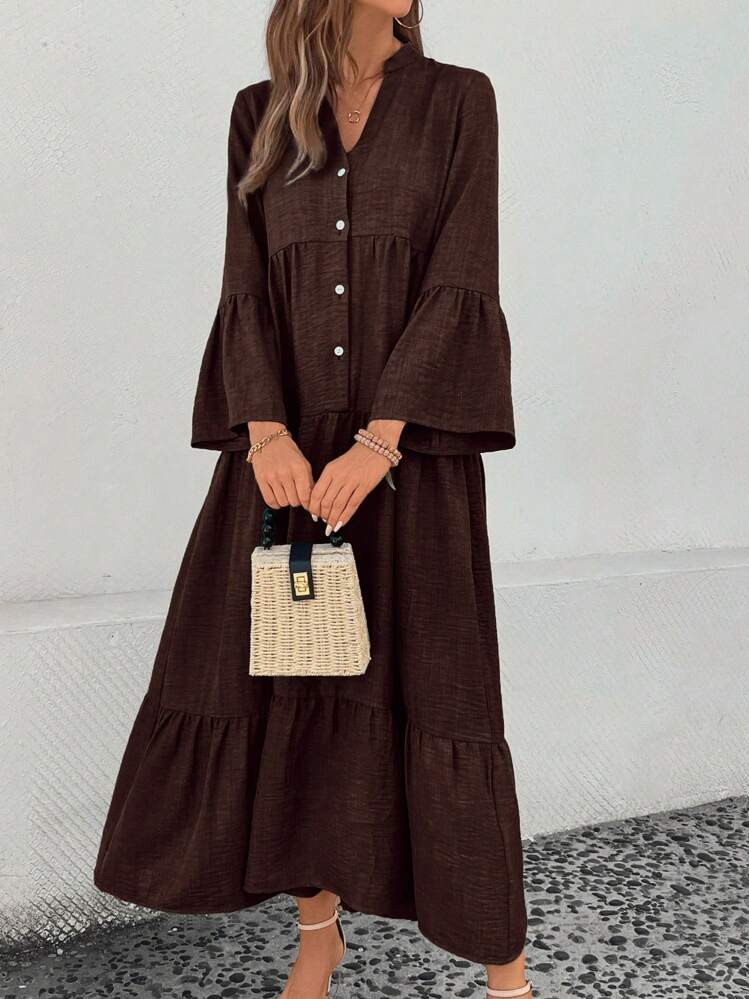 SHEIN LUNE Notched Neck Flare Sleeve Solid Color Dress, Casual Holiday Style Maxi Women Outfit Fa... | SHEIN