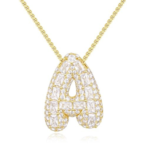 KissYan Bubble Letter Necklace, 14K Gold Plated Personalized Puffy Balloon Initial Pendant with Elegant Box Chain, Inlaid Square & Round CZ Stones for Women Dainty Jewelry Gifts (Gold A) | Amazon (US)