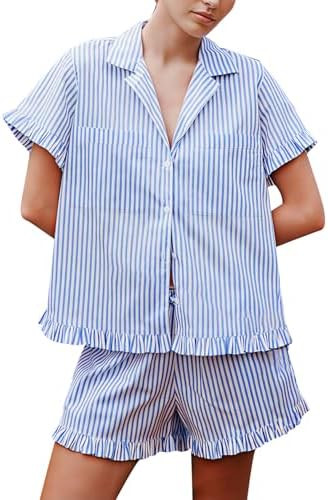 Arssm Womens Striped Pajama Sets 2 Piece Cotton Pjs Sets Short Sleeve Button Down Shirts and Shor... | Amazon (US)