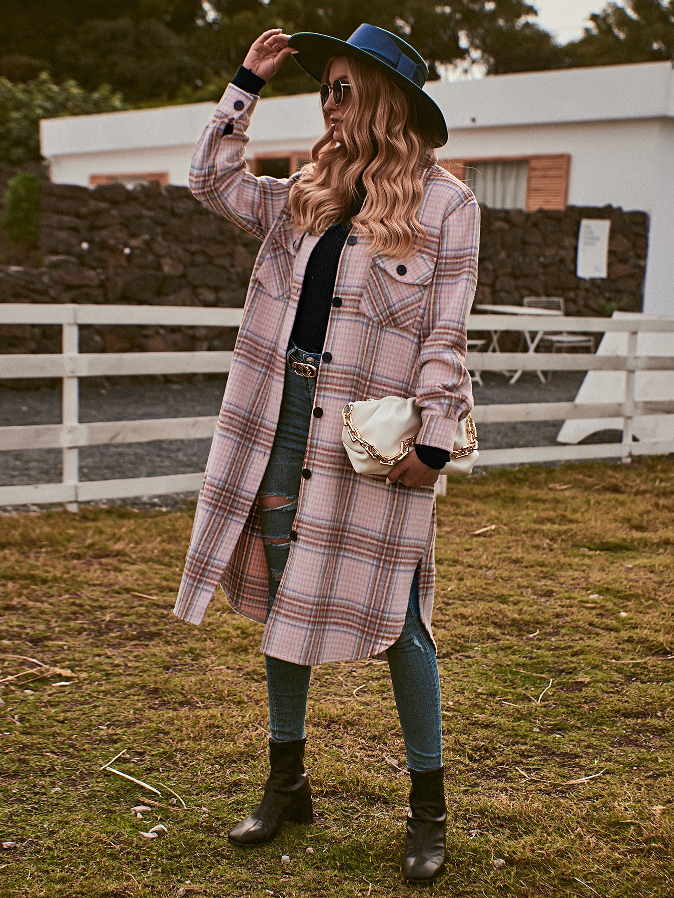 Flap Pocket Plaid Slit Hem Overcoat | SHEIN