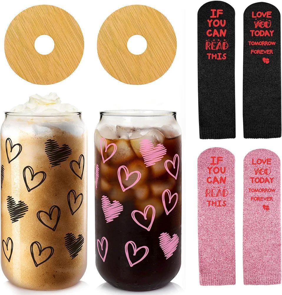 Valentine's Day Iced Coffee Cups, Valentines Day Gifts, 18 OZ Hearts Glass Cup, Valentines Socks,... | Amazon (US)
