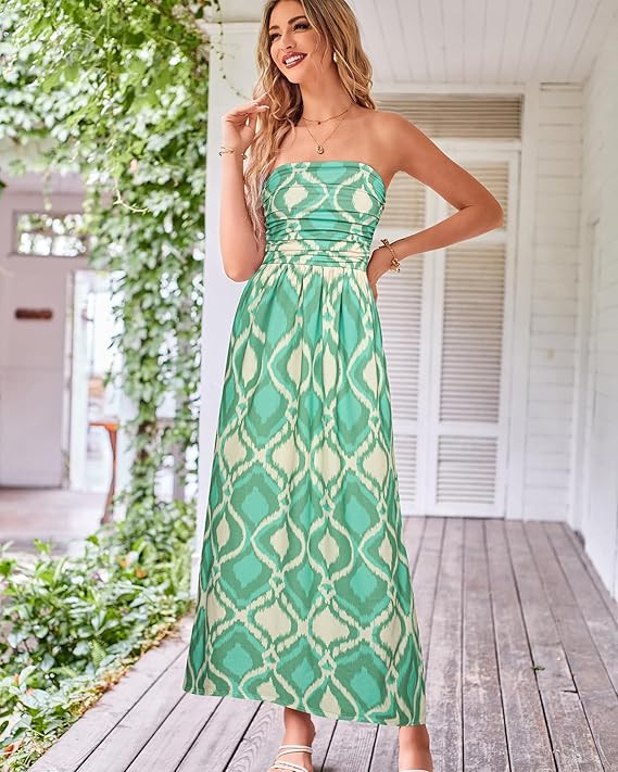 GRACE KARIN Women Strapless Dress Casual Loose Ruched Long Maxi Dress with Pockets | Amazon (US)