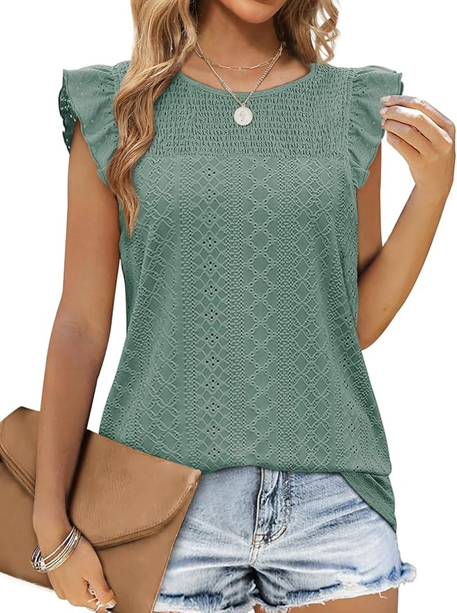 Jescakoo Summer Crewneck Tank Top for Women Ruffle Sleeve Blouses Fashion Eyelet | Amazon (US)
