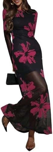 Verdusa Women's Floral Mesh Maxi Dresses Long Sleeve Elegant Formal Fall Wedding Guest Dress Cock... | Amazon (US)