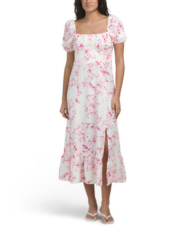 Linen Blend Puff Sleeve Smocked Midi Dress For Women, Polyester/Linen/Rayon | TJ Maxx
