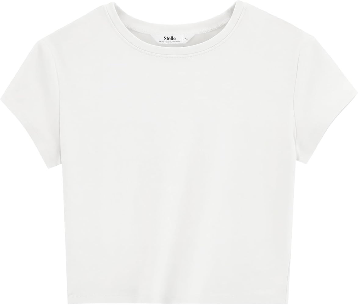 Stelle Womens Short Sleeve Crop Tops Crewneck Basic T Shirts Cute Going Out Baby Tee | Amazon (US)