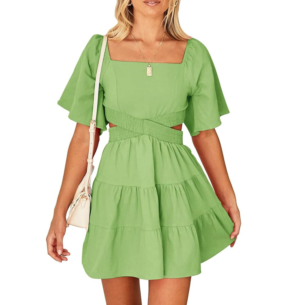 Senllen Womens Summer Dresses 2025 Short-Sleeve Square Neck Mini Dress Crossover Elastic Waist Ca... | Amazon (US)