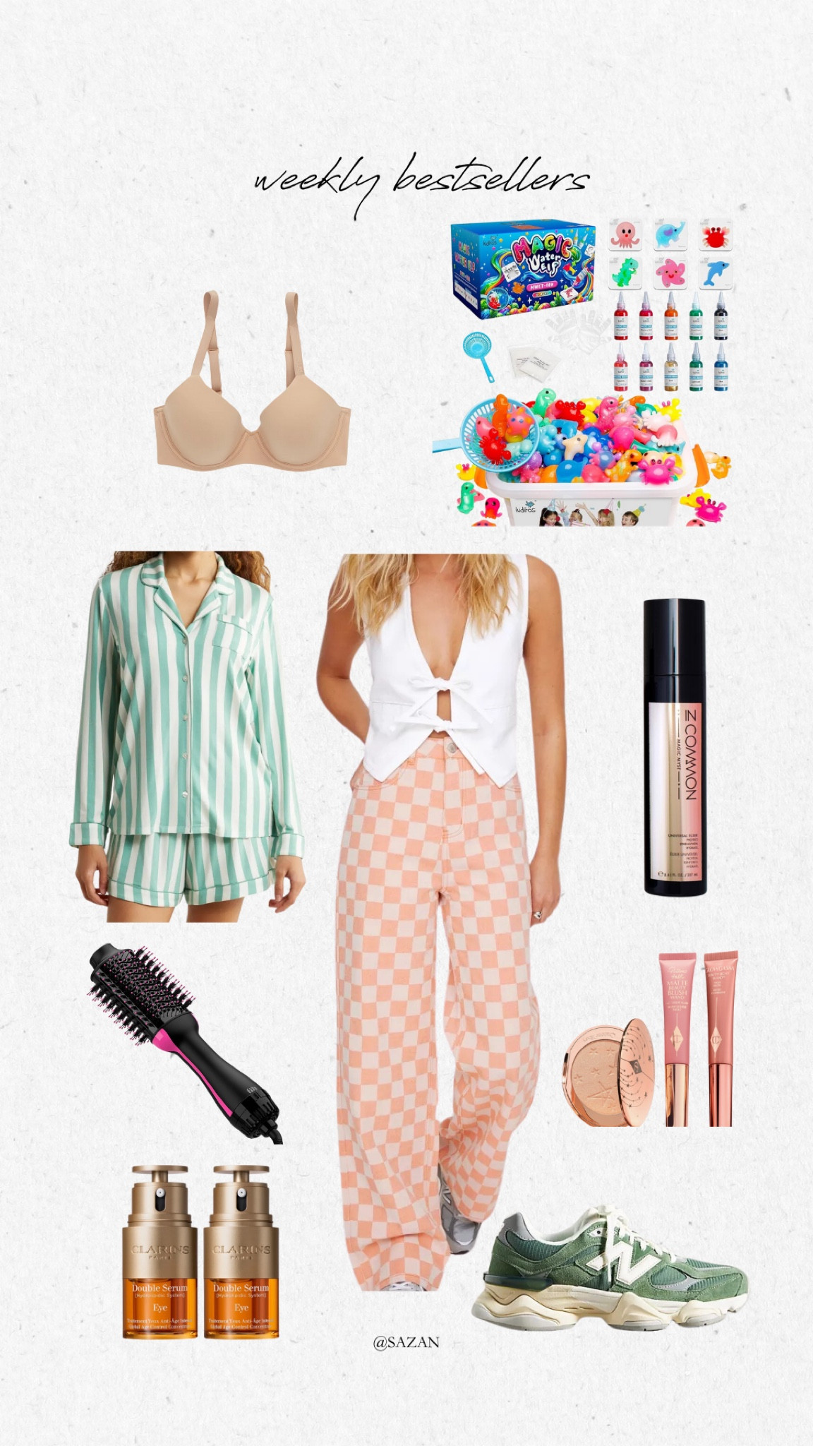 My best sellers this week:
Checkered Nasty Gal Jeans
Nordstrom PJs
New Balance 9060 sneakers 
Full coverage bra from Aerie 
Clarins eye serum and Charlotte Tilbury glow kit (still on sale at Nordstrom) 
Kids Water Gel Kit from Amazon

#topsellers #amazonkids #craftfinds #toddlercraft

  

#LTKxNSale #LTKBeauty #LTKStyleTip