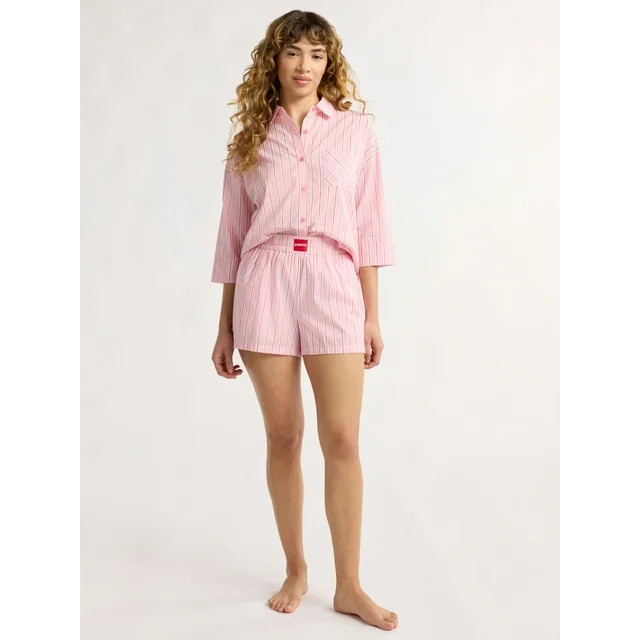 Joyspun Women’s Woven ¾ Sleeve Notch Collar Top and Boxer Shorts Pajama Set, Sizes XS-3X | Walmart (US)
