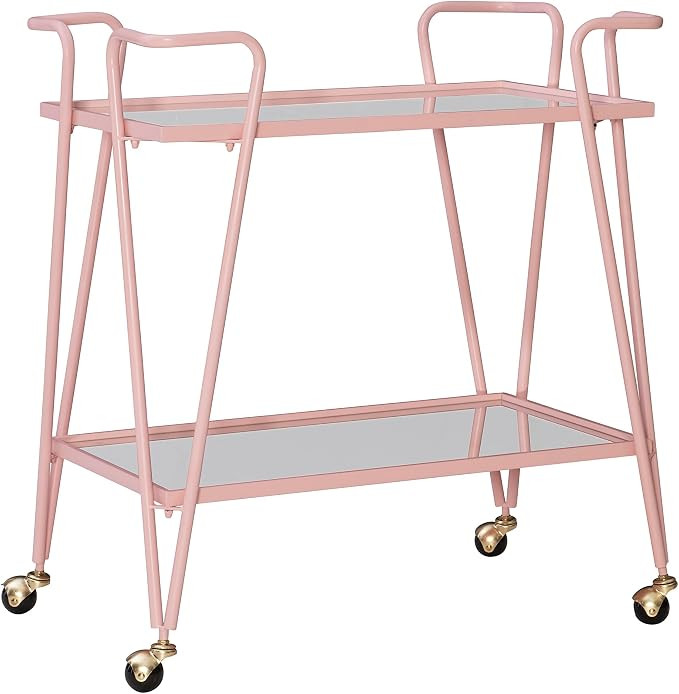 Linon Gina Pink Mid-Century Bar Cart with Mirrored Shelves and Locking Wheels | Amazon (US)