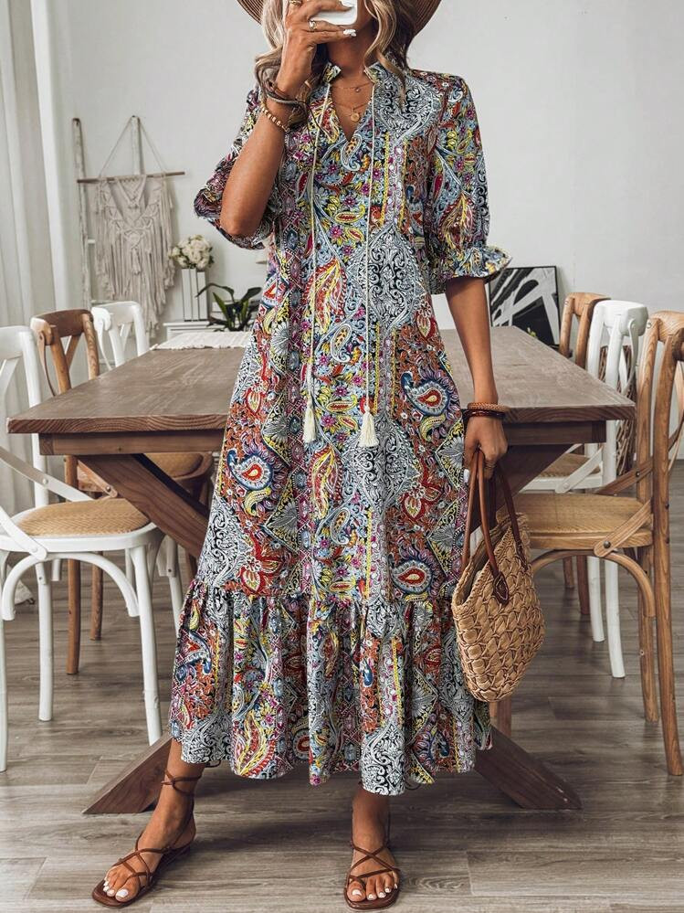 LanaWest Women's Bohemian Style Printed Mid-Sleeve Dress,Ladies Boho Fringe,Ruffle Hem Half Sleeve Tie Neck Loose Long Multicolor Flounce Sleeve All Over Print,Paisley Smock Women Long Dresses,Spring/Fall,Casual Daily Wear Maxi Women Outfit | SHEIN