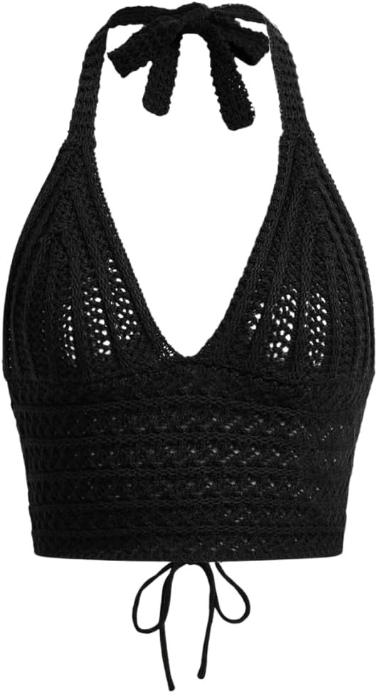 Women Lace Up Backless Crochet Crop Halter Top Y2k Slim Fit Sleeveless V Neck Self Tie Back Knit ... | Amazon (US)