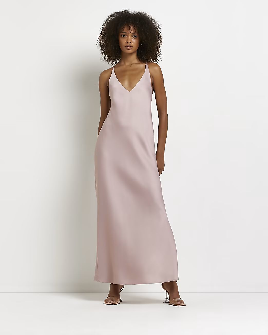 Pink satin backless slip midi dress | River Island (UK & IE)