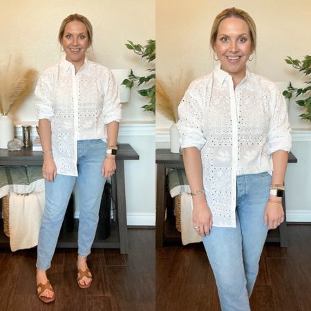 I love this eyelet button down! I’m wearing a size small at six month postpartum and it’s 50% off!! 

Summer outfit, summer dress, work outfit, summer style, weekend outfit, work wear 

#LTKSaleAlert #LTKSummerSales #LTKWorkwear