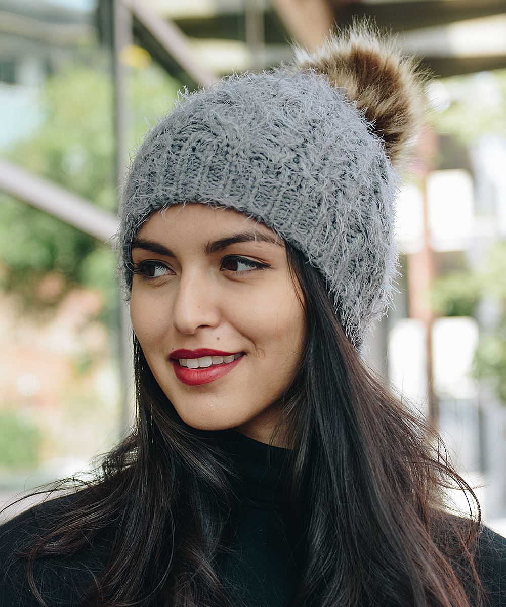 Leto Collection Women's Beanies GRAY - Gray & Brown Pom-Accent Beanie - Women | Zulily