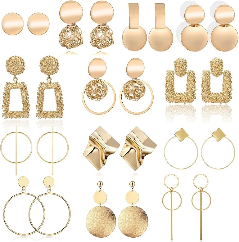 13 Pairs Statement Drop Dangle Earrings, Gold Stud Earrings for Women & Fashion Big Geometric Ear... | Amazon (US)
